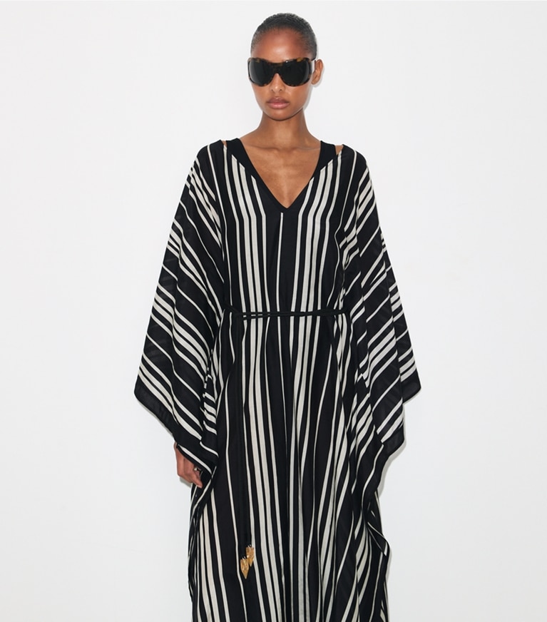Tory Burch designer coverups Belted Striped Silk Caftan in Black Stripe on model detail