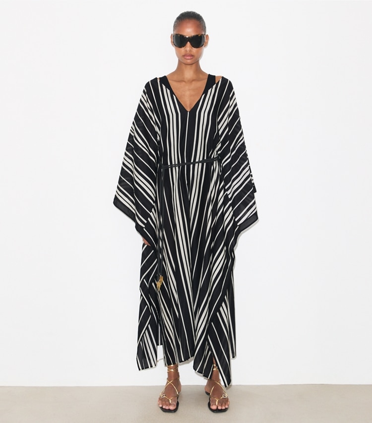Tory Burch designer coverups Belted Striped Silk Caftan in Black Stripe on model front