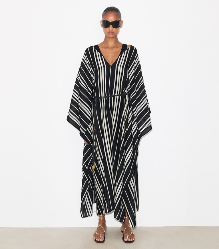 Tory Burch designer coverups Belted Striped Silk Caftan in Black Stripe on model front