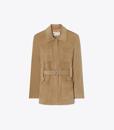 Tory Burch designer jackets Belted Suede Jacket in Light Brown front