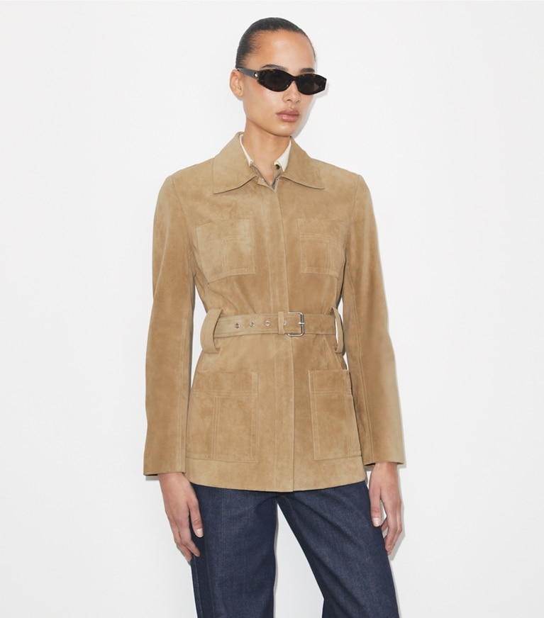 Tory Burch designer jackets Belted Suede Jacket in Light Brown on model detail