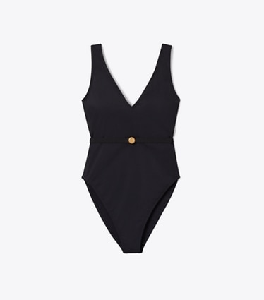 Tory Burch designer one pieces Belted Swimsuit in BLACK front
