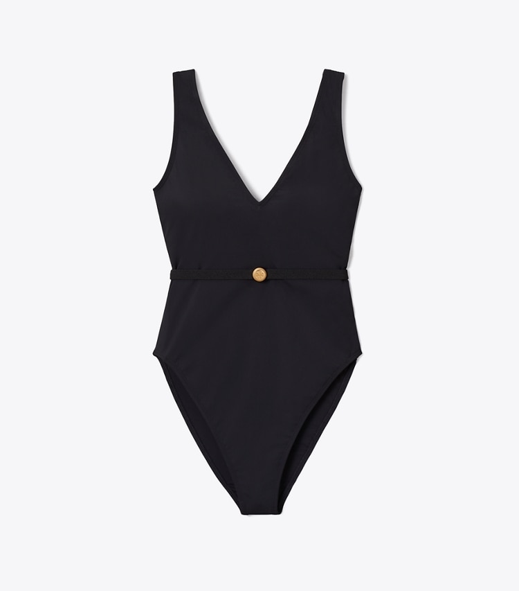Tory Burch designer one pieces Belted Swimsuit in BLACK front