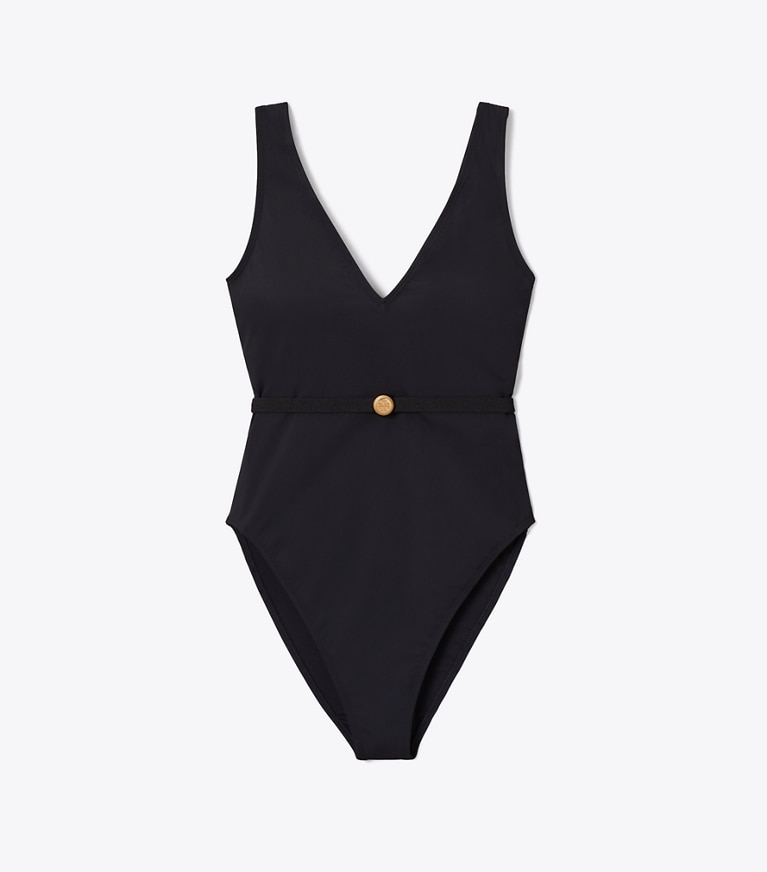 Tory Burch designer one pieces Belted Swimsuit in BLACK front