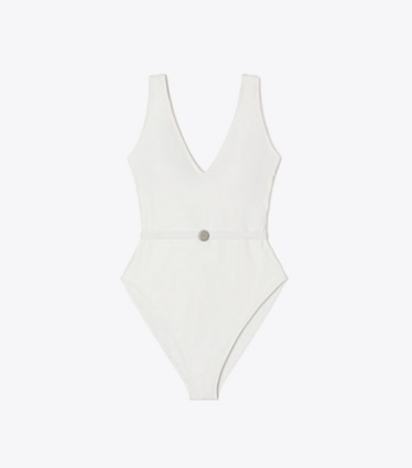 Tory Burch designer one pieces Belted Swimsuit in White front