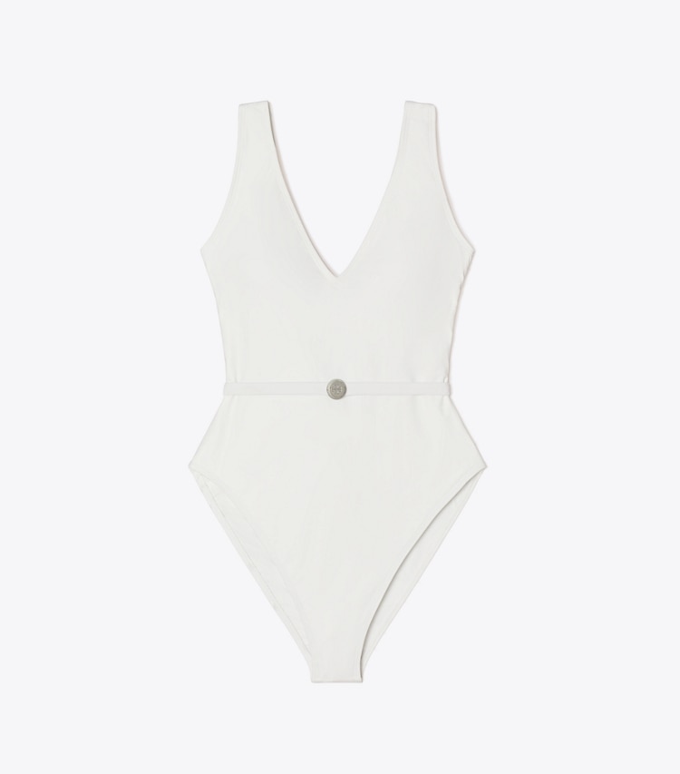 Tory Burch designer une pièce Belted Swimsuit in White front