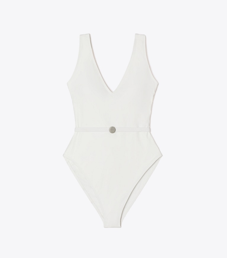 Tory Burch designer une pièce Belted Swimsuit in White front