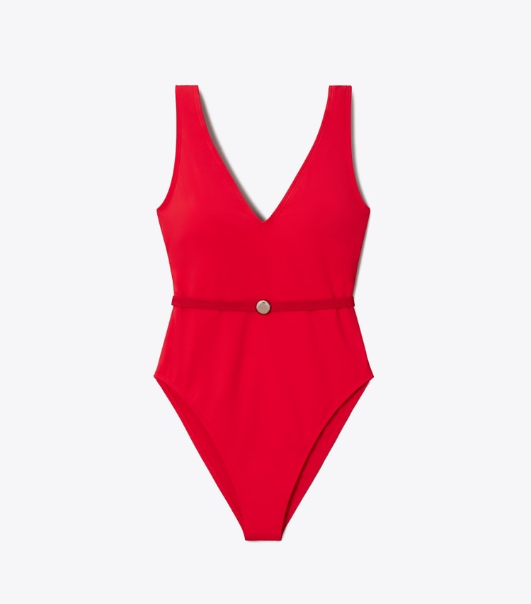 Tory Burch designer one pieces Belted Swimsuit in Bright Red front