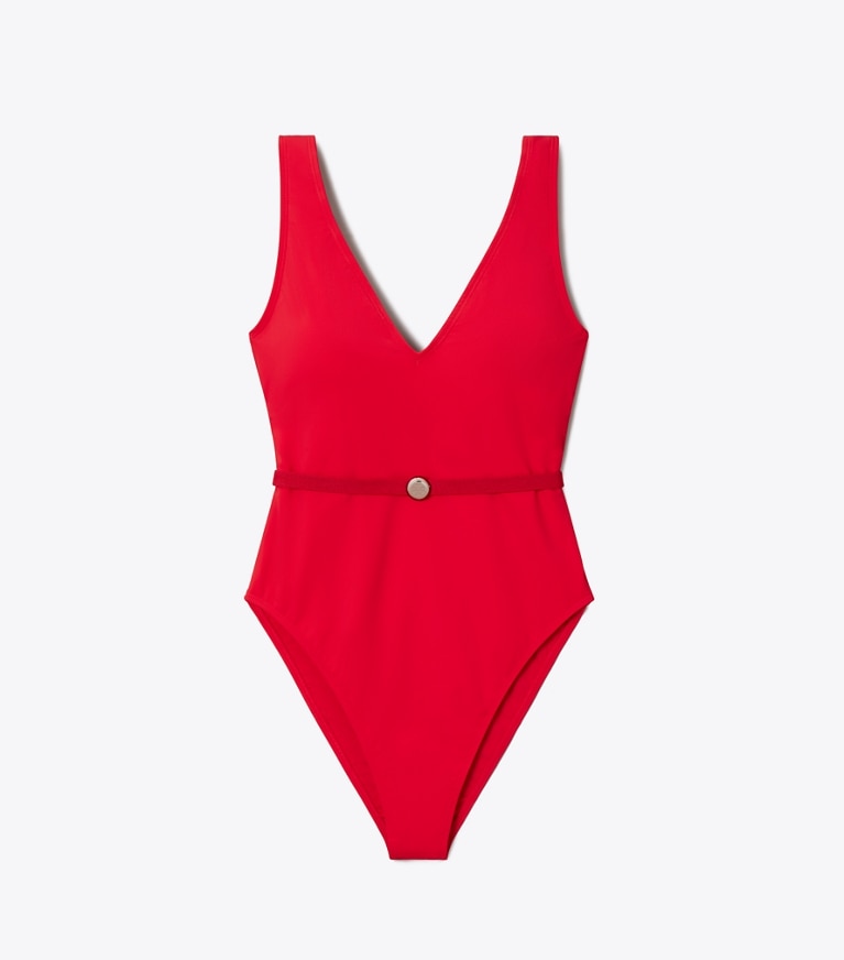 Tory Burch designer one pieces Belted Swimsuit in Bright Red front