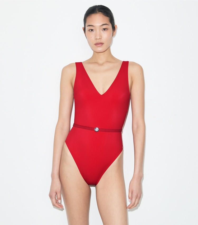 Tory Burch designer one pieces Belted Swimsuit in Bright Red on model detail