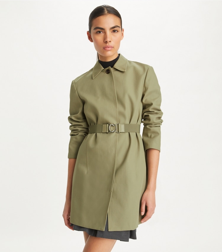 Tory Burch designer coats Belted Twill Coat in Olive Sage on model detail