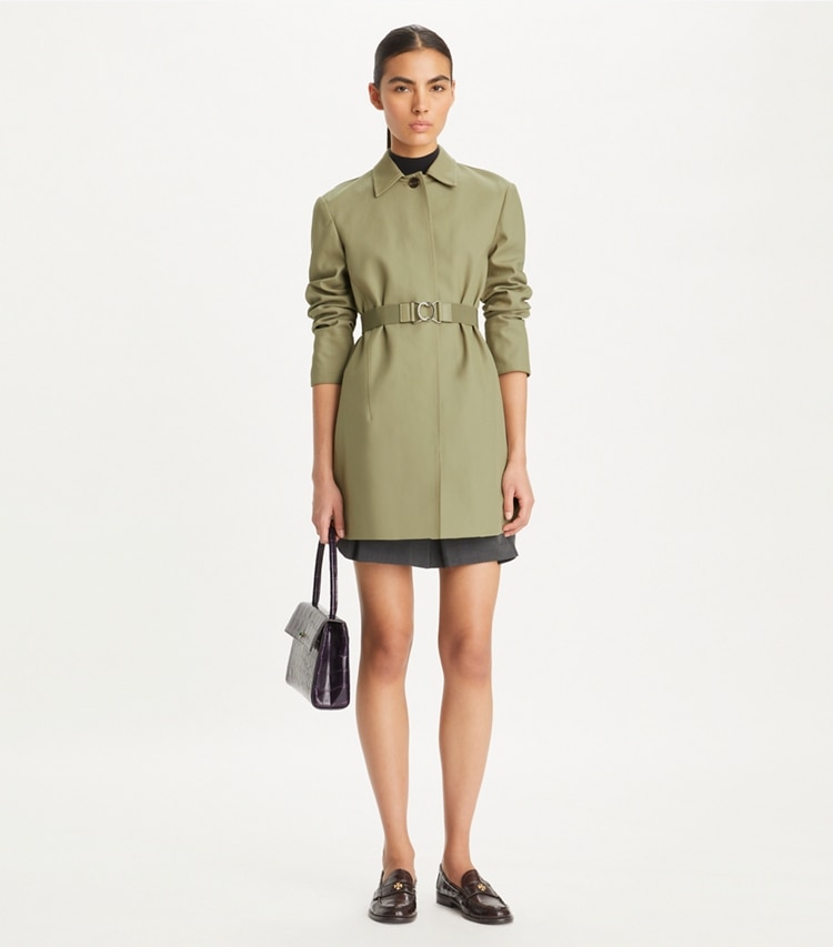 Tory Burch designer coats Belted Twill Coat in Olive Sage on model front