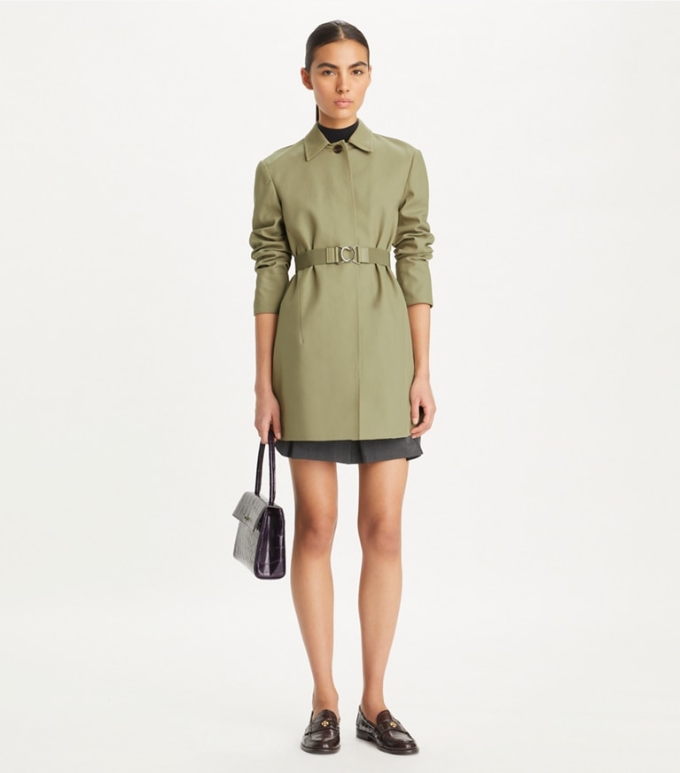 Tory Burch designer coats Belted Twill Coat in Olive Sage front