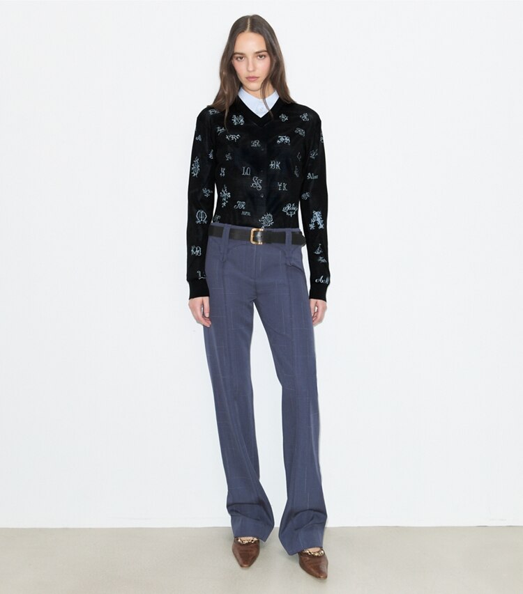 Tory Burch designer strickware Bestickter Seidenpullover in BLACK modell von vorn