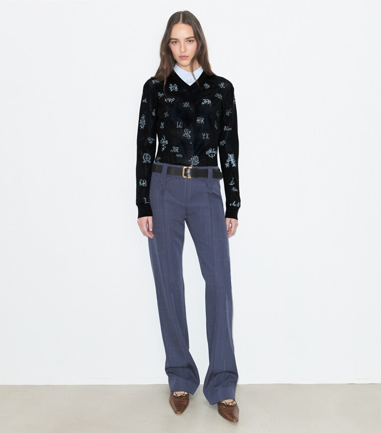 Tory Burch designer strickware Bestickter Seidenpullover in BLACK modell von vorn