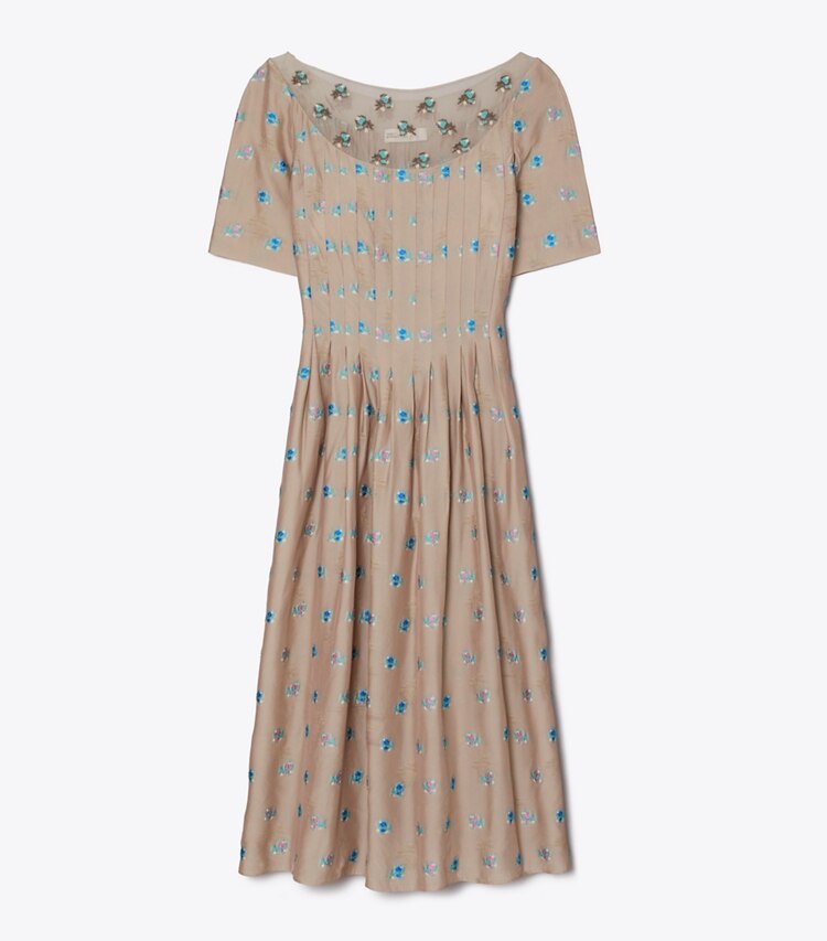 Tory Burch designer kleider Besticktes Jacquardkleid in Brown Rose front