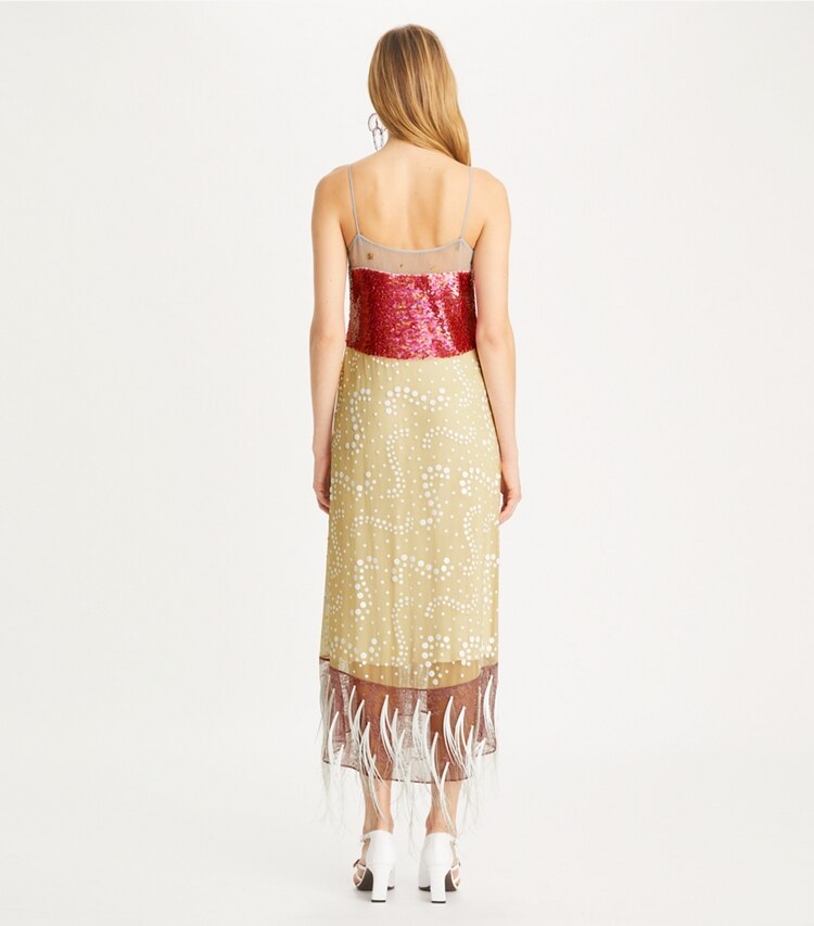 Tory Burch designer kleider Besticktes Trägerkleid in Pebbled Light Gray on model back