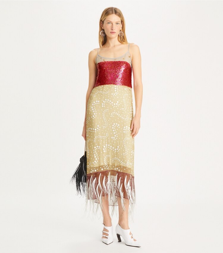 Tory Burch designer kleider Besticktes Trägerkleid in Pebbled Light Gray modell von vorn