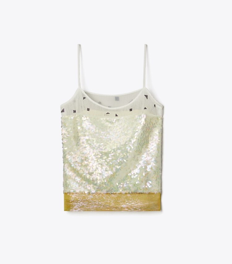 Tory Burch designer oberteile Besticktes Trägertop aus Lamé in Pink Chartreuse front