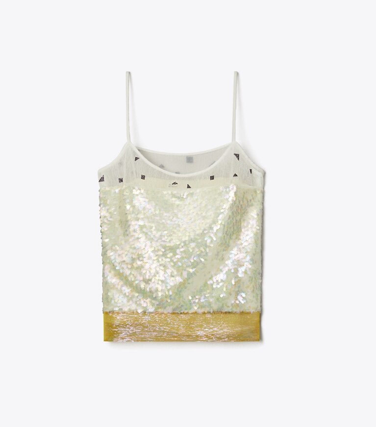Tory Burch designer oberteile Besticktes Trägertop aus Lamé in Pink Chartreuse front