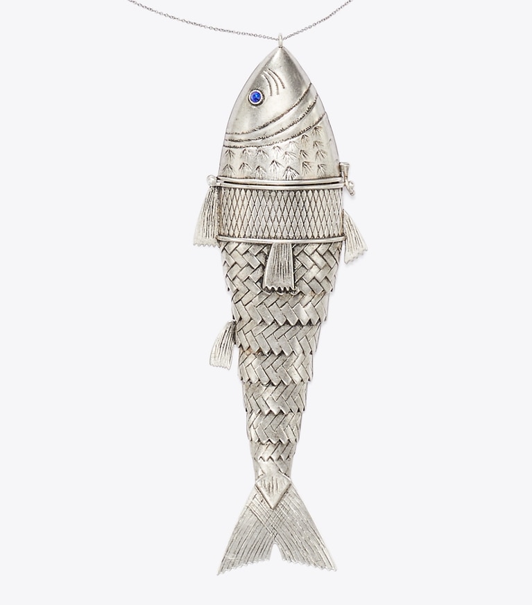 Tory Burch designer halsketten Beweglicher Runway Fischanhänger in Antique Silver detail