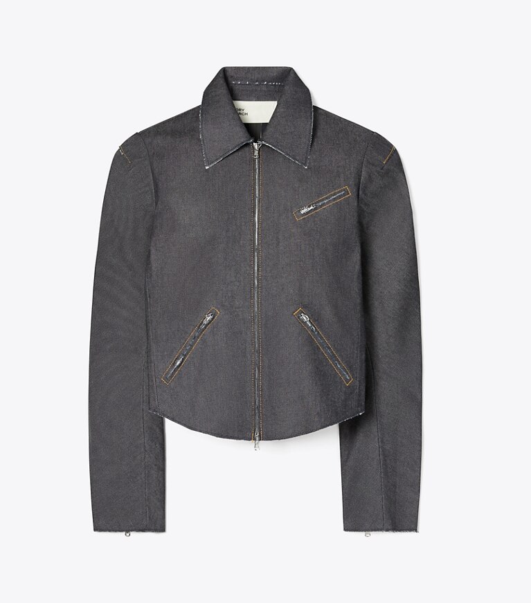 Tory Burch designer jacken Bikerjacke aus Denim in Unwashed Raw Indigo front