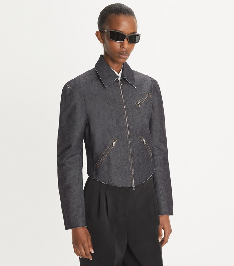 Tory Burch designer jacken Bikerjacke aus Denim in Unwashed Raw Indigo on model detail