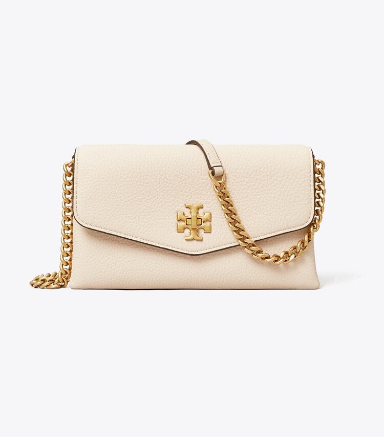 Tory Burch diseñador bolsos bandolera Billetera con cadena Kira de piel granulada en New Cream frente