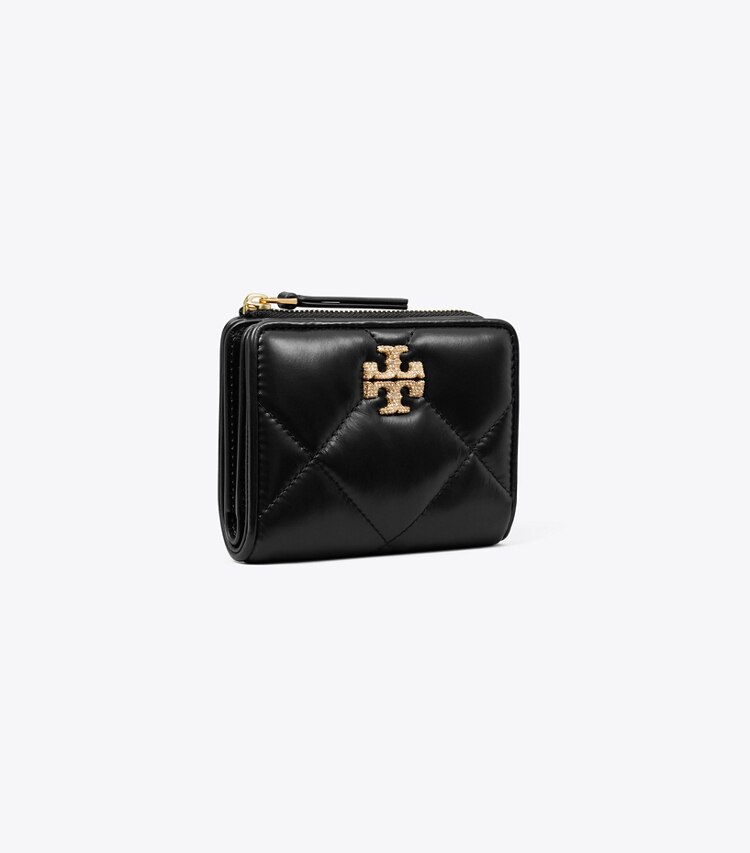 Tory Burch diseñador carteras Billetera de dos pliegues con logotipo en pavé acolchado de rombos Kira en Black ángulo