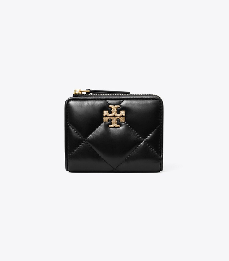 Tory Burch diseñador carteras Billetera de dos pliegues con logotipo en pavé acolchado de rombos Kira en Black frente