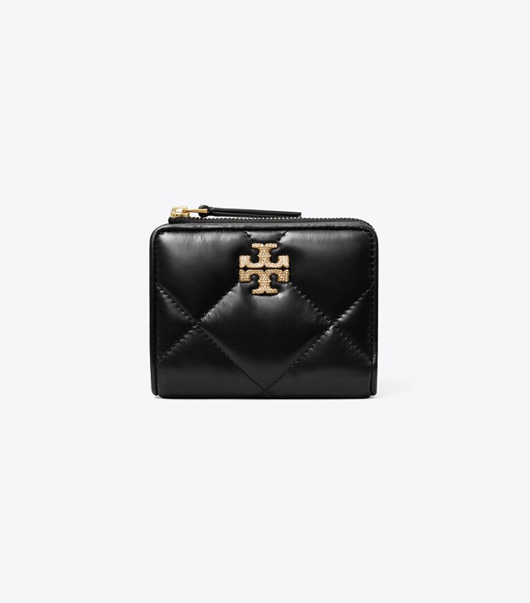 Tory Burch diseñador carteras Billetera de dos pliegues con logotipo en pavé acolchado de rombos Kira en Black frente