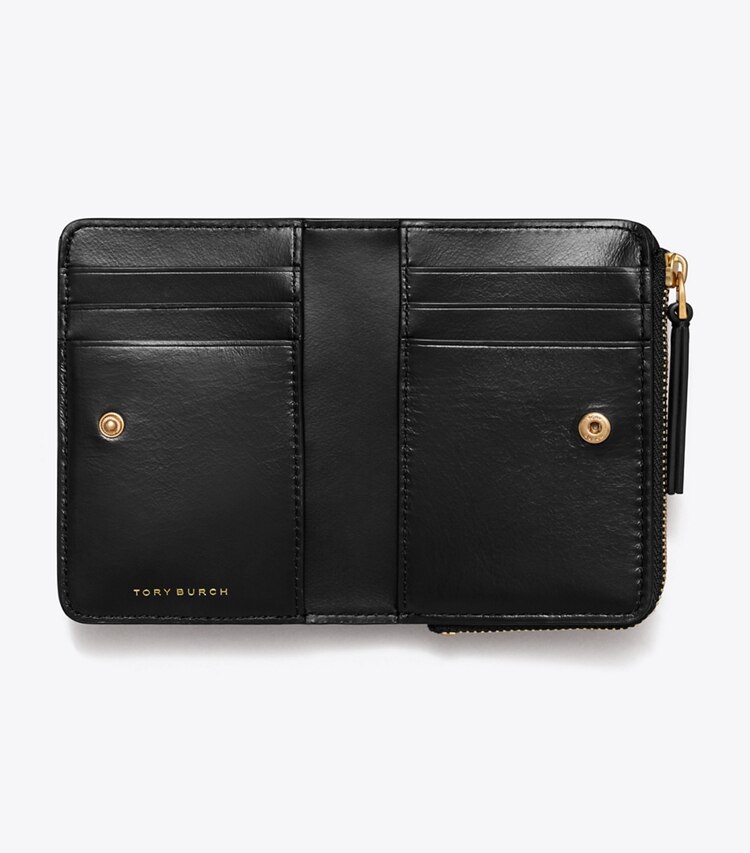Tory Burch diseñador carteras Billetera de dos pliegues con logotipo en pavé acolchado de rombos Kira en Black vista superior