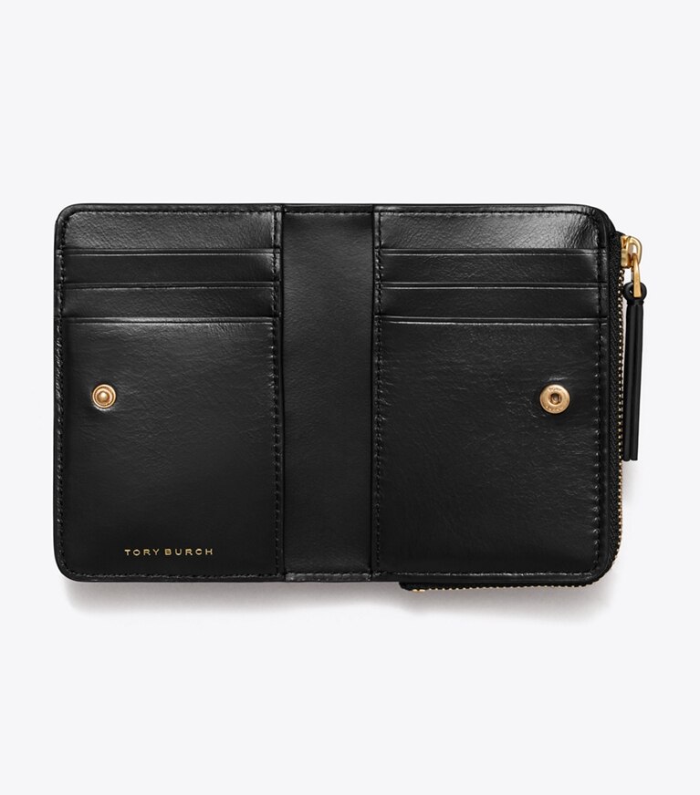 Tory Burch diseñador carteras Billetera de dos pliegues con logotipo en pavé acolchado de rombos Kira en Black vista superior