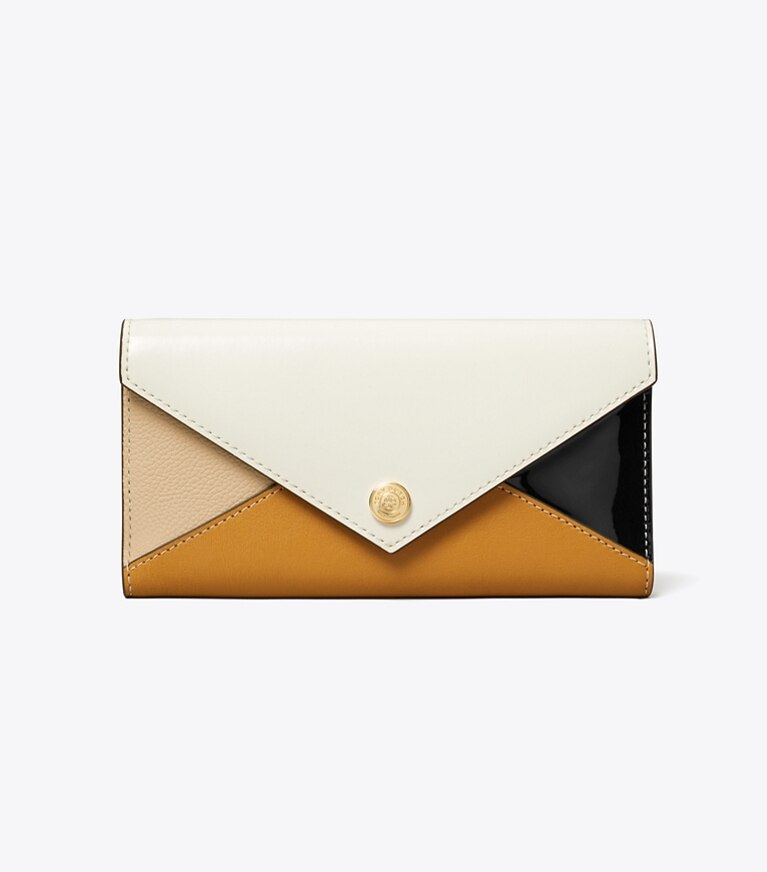 Tory Burch diseñador carteras Billetera estilo sobre de cuero en Blanc Multi frente