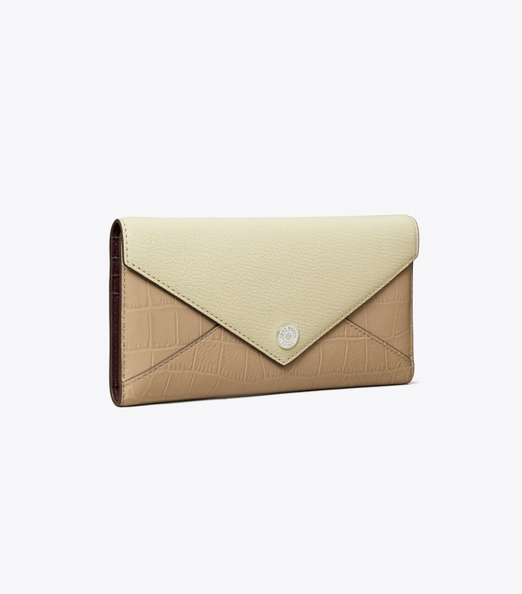 Tory Burch diseñador carteras Billetera estilo sobre larga con bloques de color en Soft Custard Multi ángulo