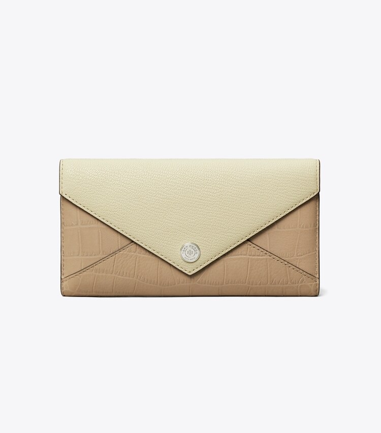 Tory Burch diseñador carteras Billetera estilo sobre larga con bloques de color en Soft Custard Multi frente