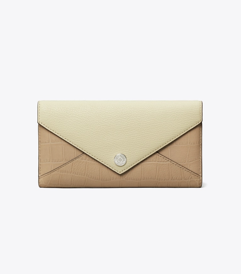 Tory Burch diseñador carteras Billetera estilo sobre larga con bloques de color en Soft Custard Multi frente