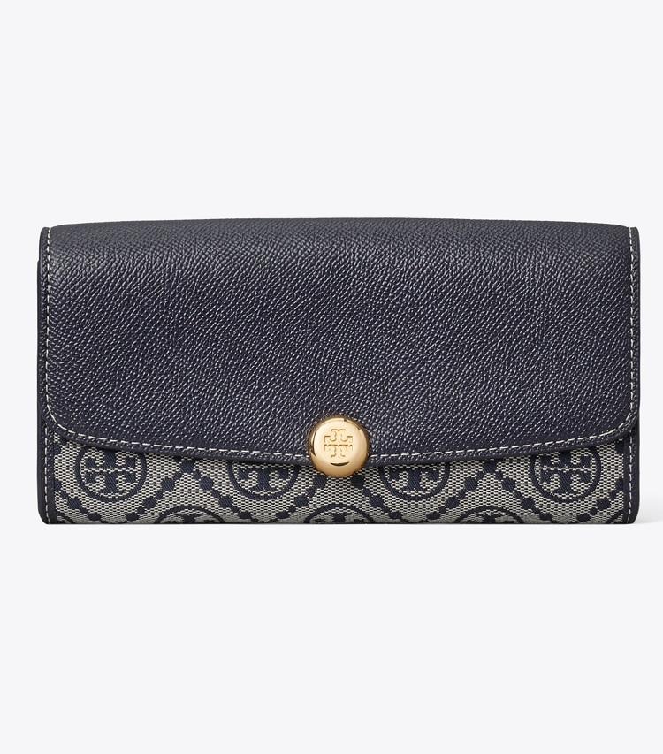 Tory Burch diseñador carteras Billetera larga con solapa y monograma en forma de T Romy en Tory Navy frente
