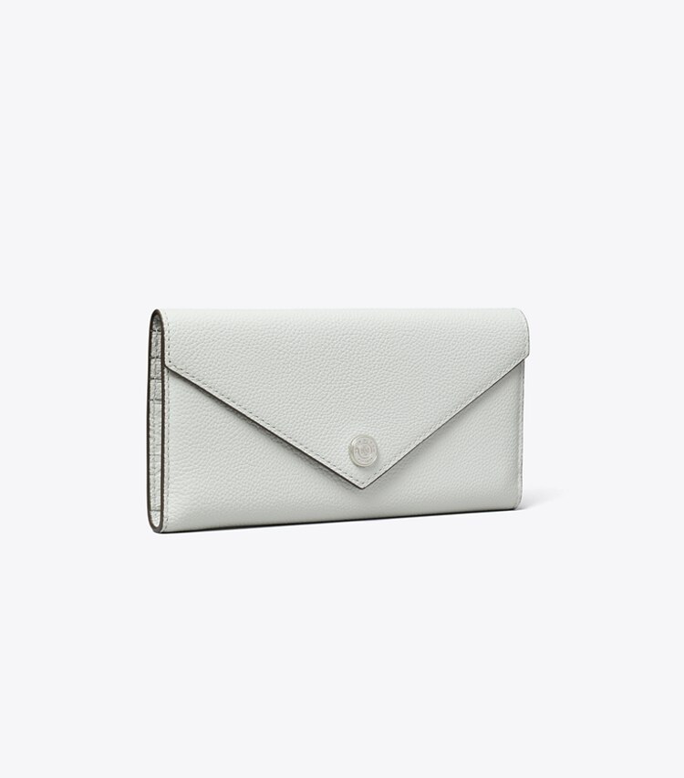 Tory Burch diseñador carteras Billetera larga estilo sobre Pebble en Light Titanium ángulo