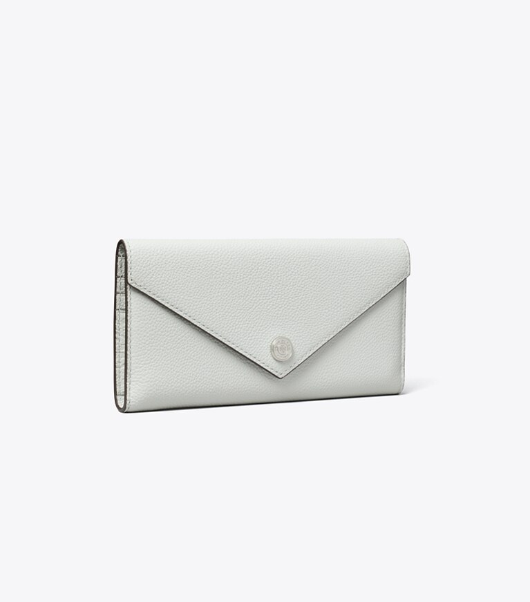 Tory Burch diseñador carteras Billetera larga estilo sobre Pebble en Light Titanium ángulo