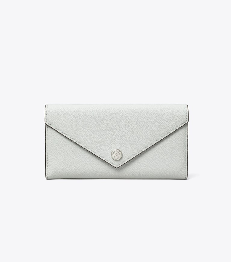 Tory Burch diseñador carteras Billetera larga estilo sobre Pebble en Light Titanium frente