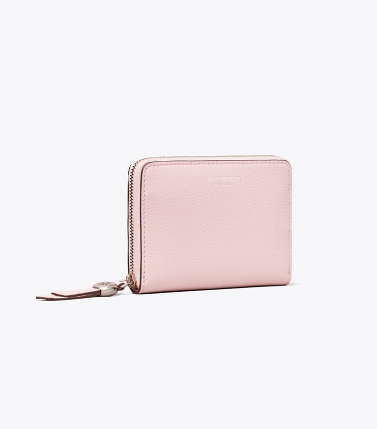 Tory Burch diseñador carteras Billetera mediana de cuero en Rose Mist ángulo