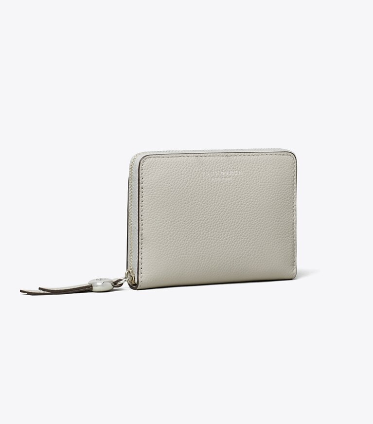 Tory Burch diseñador carteras Billetera mediana Romy en Dove Gray ángulo