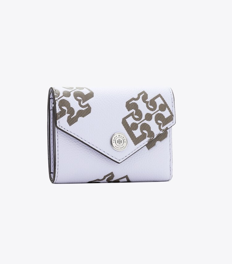 Tory Burch diseñador carteras Billetera pequeña con diseño de sobre con relieve en contraste en Lilac / Khaki ángulo