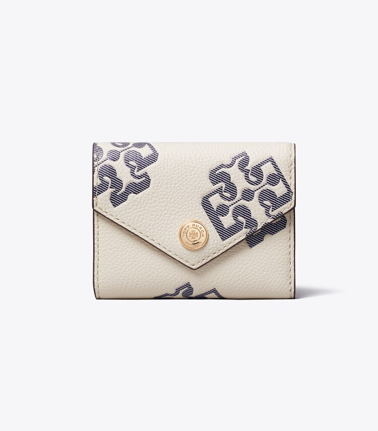 Tory Burch diseñador carteras Billetera pequeña con diseño de sobre con relieve en contraste en Light Cream / Navy frente