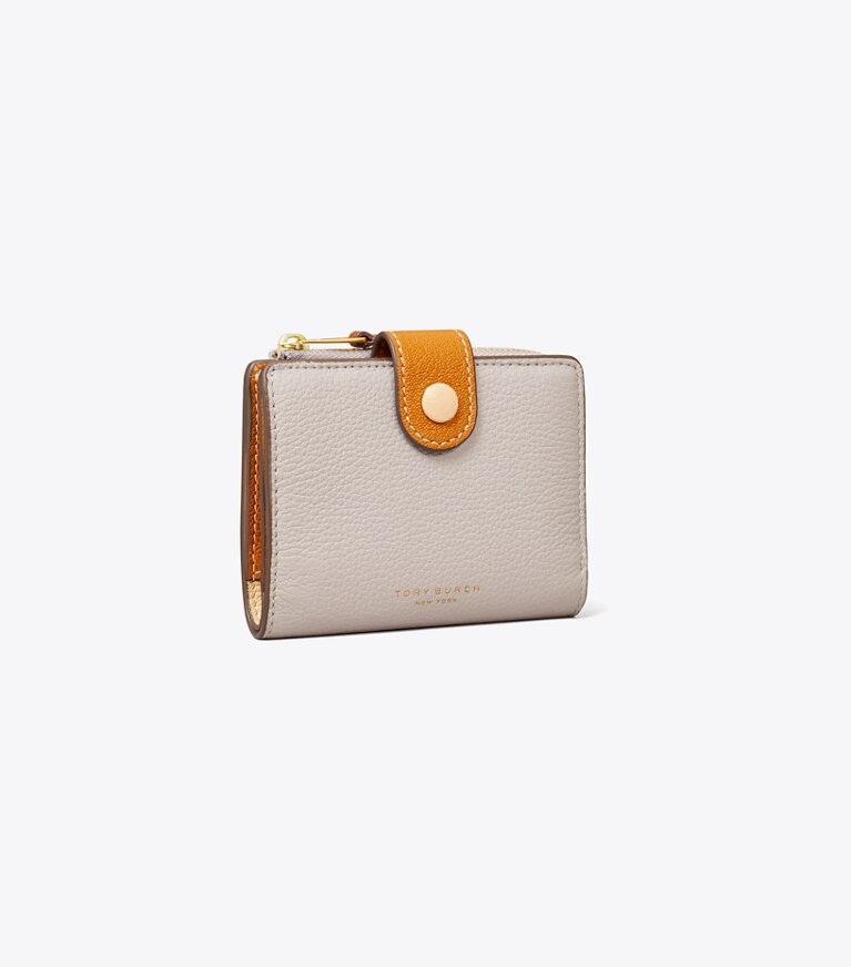 Tory Burch diseñador carteras Billetera plegable con bloques de color en Bay Gray Multi ángulo