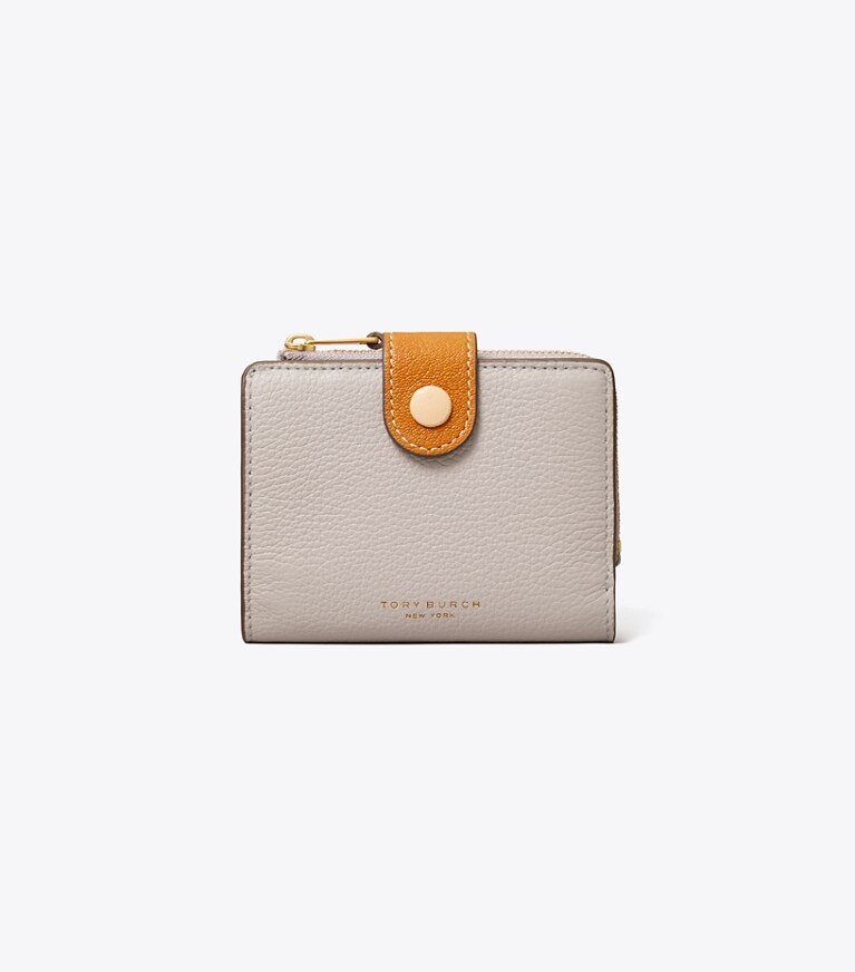 Tory Burch diseñador carteras Billetera plegable con bloques de color en Bay Gray Multi frente