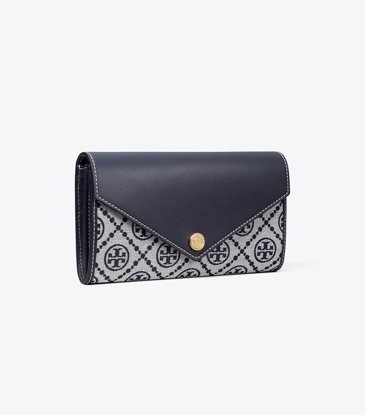 Tory Burch diseñador carteras Billetera tipo sobre ancha con monograma en T en Tory Navy ángulo