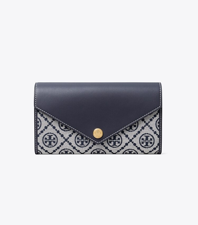 Tory Burch diseñador carteras Billetera tipo sobre ancha con monograma en T en Tory Navy frente