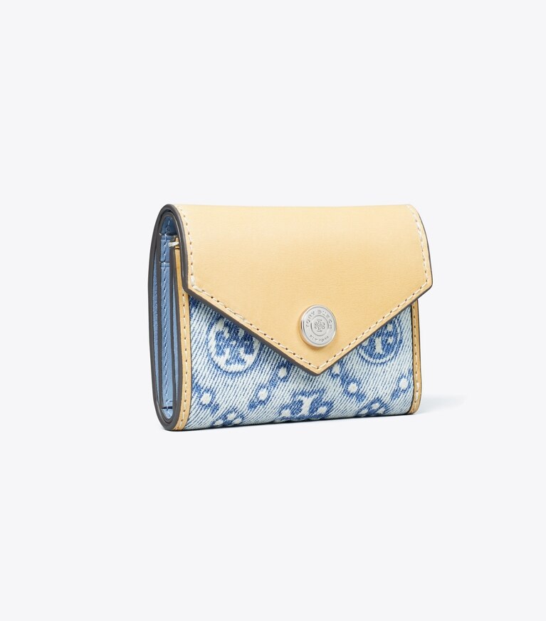 Tory Burch diseñador carteras Billetera tipo sobre pequeña de mezclilla con monograma en forma de T en Seltzer ángulo